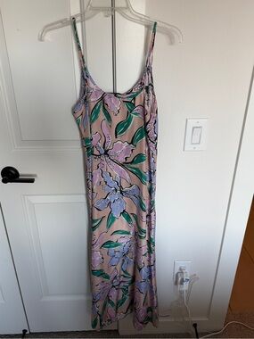 HUNTER BELL Pink Floral Slip Midi Dress with Green Leaves